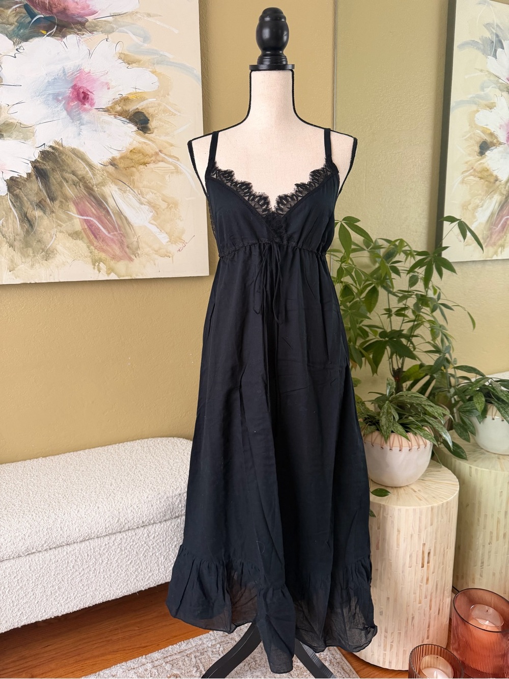** SO CUTE!! ** Black Lace-Trim Midi Dress Adjustable Bust Like Anthropologie